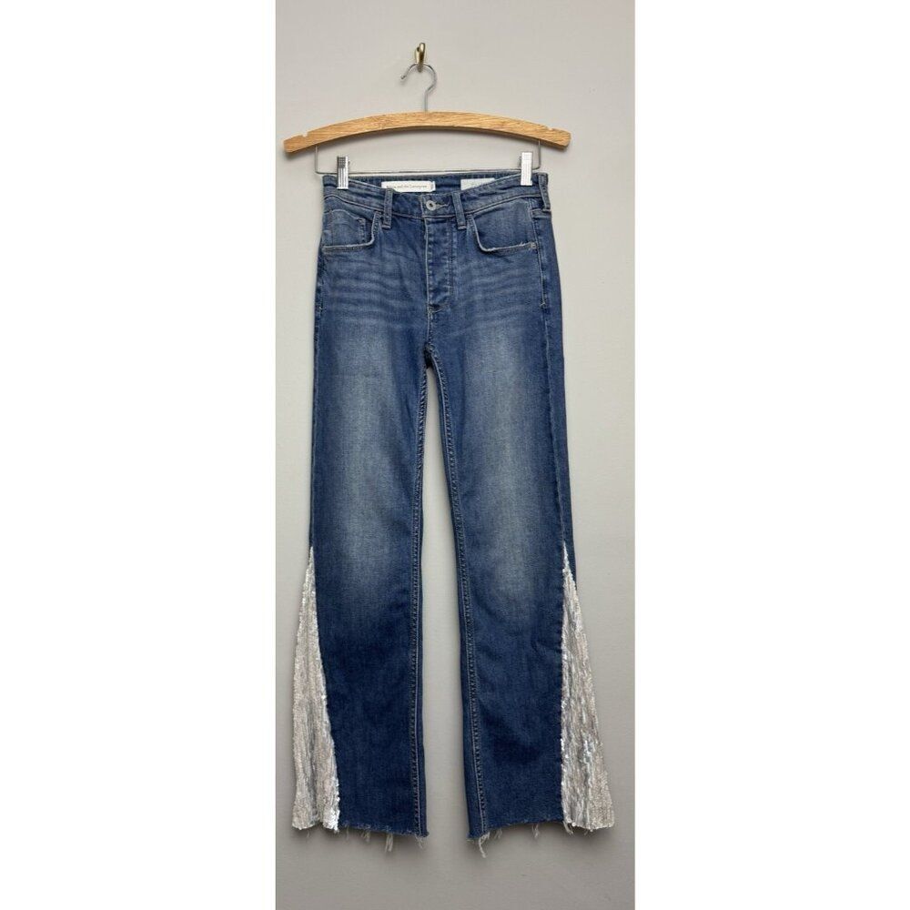 Women's Anthropologie Pilcro Flare Ankle Sequin Yoke Jeans Size 24 Medium Wash